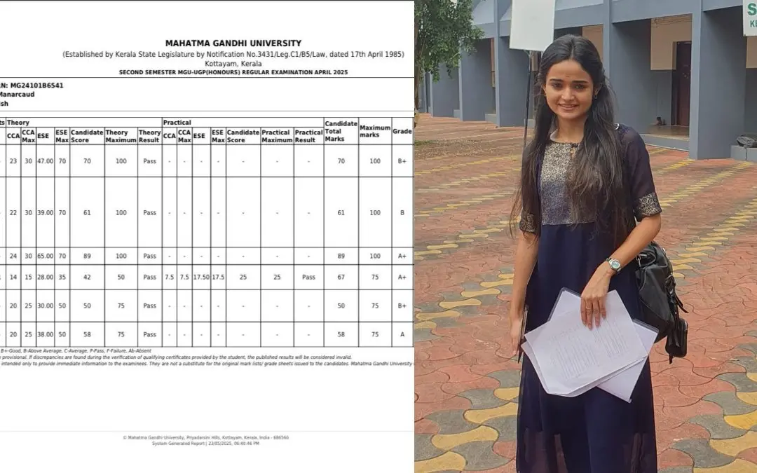 മീനാക്ഷി ഫെയ്‌സ്ബുക്കില്‍ പങ്കുവെച്ച് മാര്‍ക്ക് ലിസ്റ്റ്, മീനാക്ഷി കോളേജില്‍ പരീക്ഷയ്‌ക്കെത്തിയപ്പോള്‍ പങ്കുവെച്ച ചിത്രം | Photo: Facebook/ Meenakshi