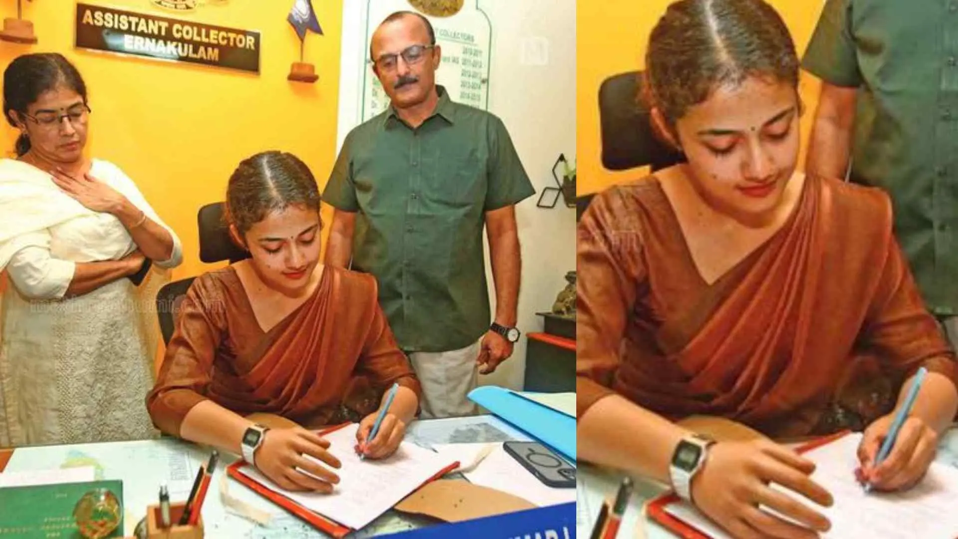 • എറണാകുളം കളക്ടറേറ്റിൽ അസിസ്റ്റൻറ് കളക്ടറായി ചുമതലയേൽക്കുന്ന പാർവതി ഗോപകുമാർ ഇടതുകൈകൊണ്ട് ഒപ്പിടുന്നു. ഏഴാം ക്ലാസിൽ പഠിക്കുമ്പോഴുണ്ടായ അപകടത്തിൽ വലതുകൈ നഷ്ടപ്പെട്ട പാർവതി വാച്ച് ധരിച്ചിരിക്കുന്നത് കൃത്രിമ കൈയിലാണ്. അമ്മ എസ്. ശ്രീകല നായരും അച്ഛൻ കെ.എസ്. ഗോപകുമാറും സമീപം | ഫോട്ടോ: റിദിൻ ദാമു