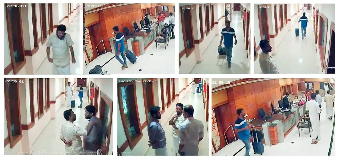 ഷാഫി പറമ്പിൽ എം.പി.യും രാഹുൽ മാങ്കൂട്ടത്തിലും ജ്യോതികുമാർ ചാമക്കാലയും ഹോട്ടൽ മുറിക്ക് പുറത്ത് സംസാരിച്ചു നിൽക്കുന്നതിനിടെ പുറകിൽ നീല ട്രോളി ബാഗുമായി നിൽക്കുന്ന ഫെനി നൈനാൻ. പാലക്കാട് ഉപതിരഞ്ഞെടുപ്പു കാലത്തുനിന്നുള്ള ചിത്രം, ഹോട്ടലിലെ സിസിടിവി ക്യാമറയിൽ പതിഞ്ഞത് | (File Photo: Mathrubhumi)