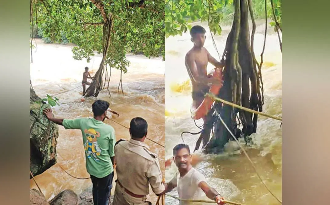 നെയ്യാറില് വീണ ഷഹബാസ് ആറിനു നടുവിലെ ആല്മരത്തിന്റെ കൊമ്പില് പിടിച്ചുനിന്നപ്പോള് 2. അഗ്നിരക്ഷാസേനാംഗങ്ങളെത്തി വടവും ലൈഫ് ട്യൂബുമിട്ട് രക്ഷപ്പെടുത്തുന്നു