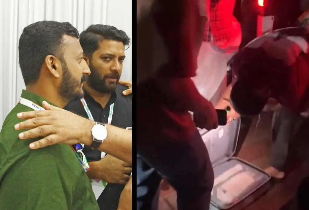 ഷാഫി പറമ്പിലും രാഹുല് മാങ്കൂട്ടത്തിലും (ഫയല് ചിത്രം), ഇവരുടെ പെട്ടി പോലീസ് പരിശോധിക്കുന്നു