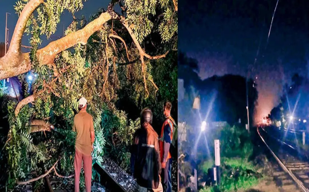 പോളയത്തോട് റെയില്‍വേ ട്രാക്കിലേക്ക് മരം വീണപ്പോള്‍(ഇടത്ത്) തീവണ്ടിപ്പാളത്തിനു മുകളിലെ വൈദ്യുതലൈനിലേക്ക് മരം പൊട്ടിവീണ് തീ ആളിപ്പടരുന്ന ദൃശ്യം(വലത്ത്)
