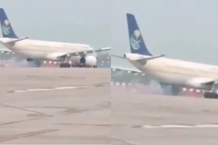 ഹജ്ജ് യാത്രികരുമായെത്തിയ സൗദി വിമാനത്തിന്റെ ചക്രത്തിൽ തീ; യാത്രക്കാരെ ഒഴിപ്പിച്ചു | VIDEO