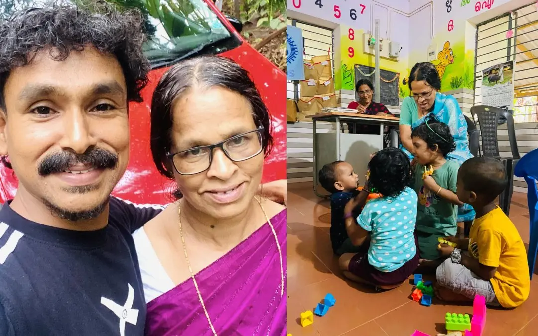വിജിലേഷ് അമ്മ വത്സലയ്ക്കൊപ്പം, വത്സല അങ്കണവാടിയില് കുട്ടികള്ക്കൊപ്പം | Photo: Facebook/ Vijilesh Karayadvt