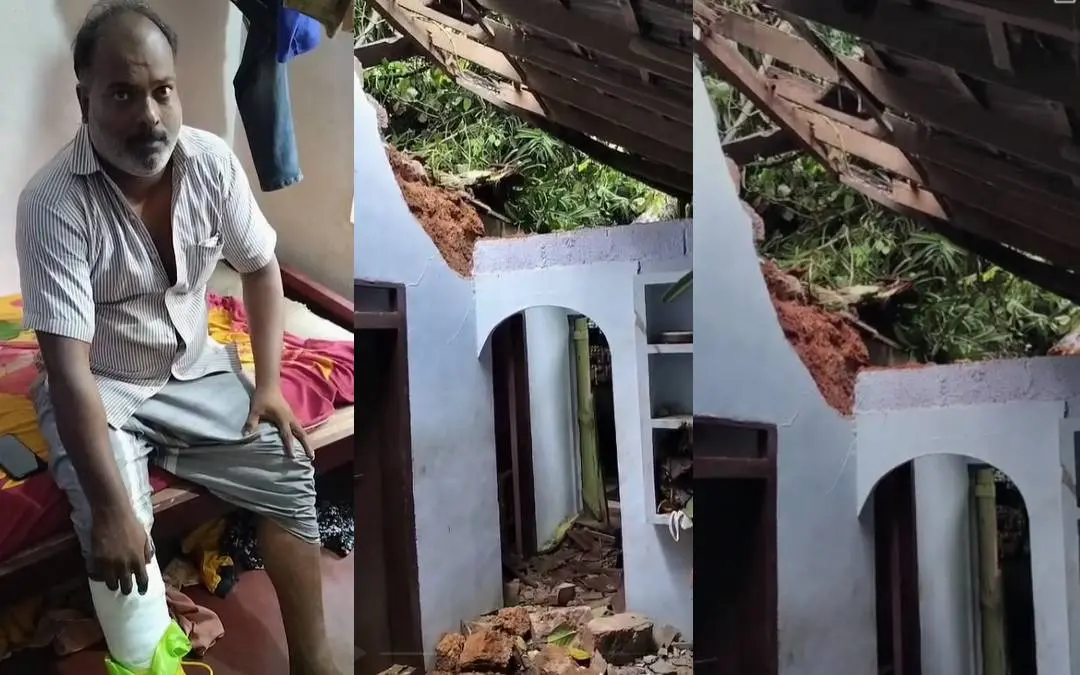 അപകടത്തിൽ പരിക്കേറ്റയാൾ, ആൽമരം വീണ് തകർന്ന വീട്