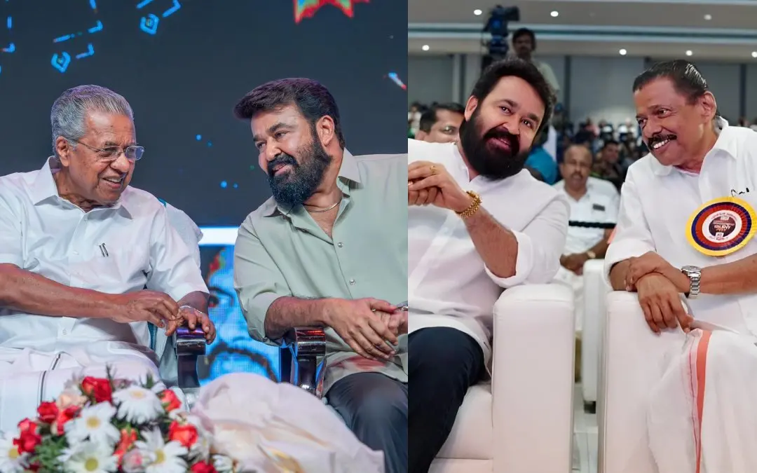 പിണറായി വിജയന് മോഹന്ലാലിനൊപ്പം, എം.വി. ഗോവിന്ദന് മോഹന്ലാലിനൊപ്പം | Photo: Facebook/ Pinarayi Vijayan, MV Govindan