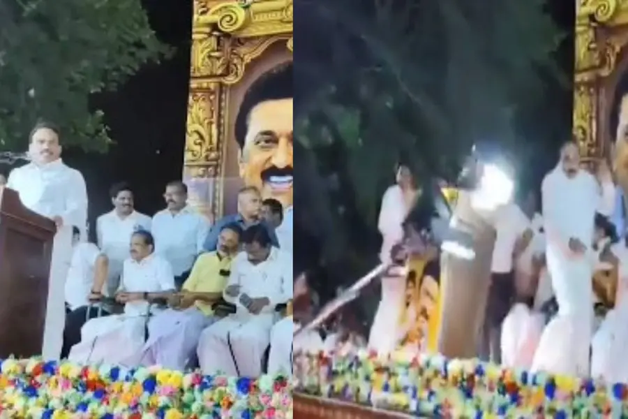 പ്രസംഗത്തിനിടെ ലെെറ്റ് സ്റ്റാൻഡ് വേദിയിലേക്കുവീണു; എ. രാജ പരിക്കേൽക്കാതെ രക്ഷപ്പെട്ടത് തലനാരിഴയ്ക്ക്