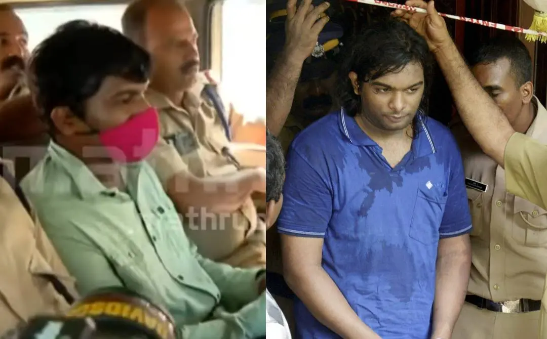 പ്രതി കേഡല്‍ ജീന്‍സണ്‍ രാജയെ കോടതിയില്‍നിന്ന് ജയിലിലേക്ക് കൊണ്ടുപോകുന്നു(ഇടത്ത്) കേഡല്‍ ജീന്‍സണ്‍ രാജ(ഫയല്‍ചിത്രം, വലത്ത്)