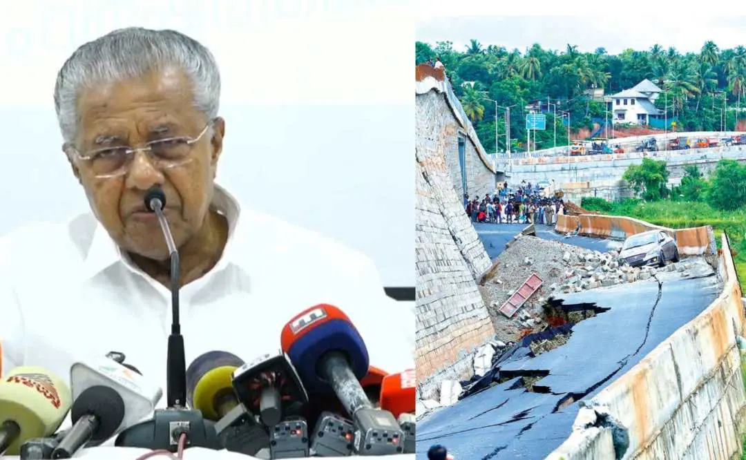 മുഖ്യമന്ത്രി പിണറായി വിജയന്, മലപ്പുറം കൂരിയാട് ദേശീയ പാത തകര്ന്നുവീണപ്പോള് |ഫോട്ടോ:മാതൃഭൂമി