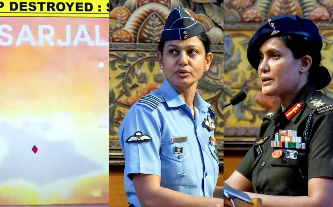 പാകിസ്താനിലെ സിയാല്കോട്ടിലെ ഭീകരകേന്ദ്രത്തിന് നേരേ ഇന്ത്യ നടത്തിയ ആക്രമണത്തിന്റെ ദൃശ്യം(ഇടത്ത്) 'ഓപ്പറേഷന് സിന്ദൂര്' വിശദാംശങ്ങള് പങ്കുവെയ്ക്കുന്ന വിങ് കമാന്ഡര് വ്യോമിക സിങ്ങും കേണല് സോഫിയ ഖുറേഷിയും | Photo: PTI & ANI
