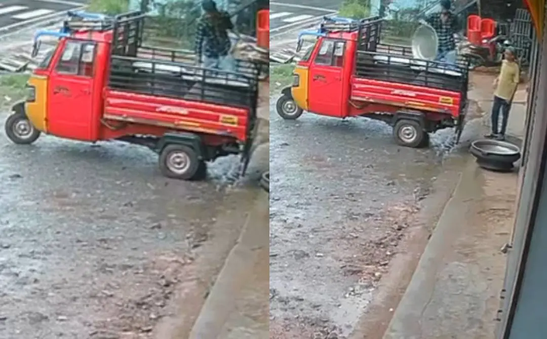 യുവാവ് ഗുഡ്സ് ഓട്ടോ വിളിച്ചെത്തി വാടകസ്റ്റോറില്നിന്ന് പാത്രങ്ങള് കൊണ്ടുപോകുന്നതിന്റെ സിസിടിവി ദൃശ്യം