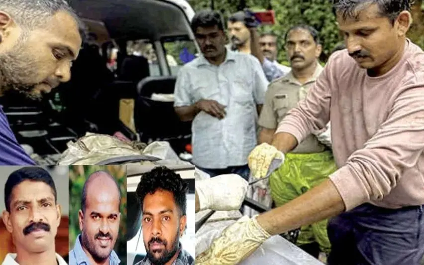 ഹേമചന്ദ്രന്റെ മൃതദേഹം ആംബുലൻസിലേക്ക് കയറ്റുന്നു. ഇൻസെറ്റിൽ ഇടത്തുനിന്ന് കൊല്ലപ്പെട്ട ഹേമചന്ദ്രൻ, അറസ്റ്റിലായ ജ്യോതിഷ്കുമാർ, അജേഷ് ഫോട്ടോ : മാതൃഭൂമി