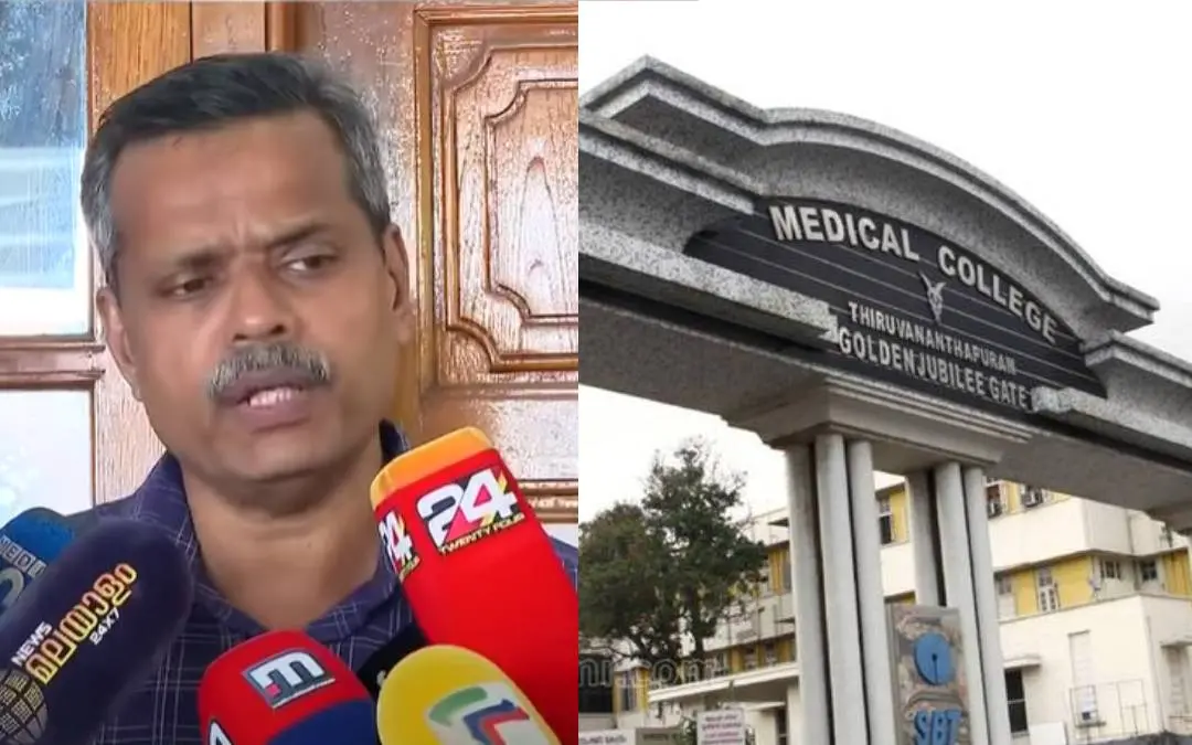 ഡോ. ഹാരിസ് ചിറക്കൽ മാധ്യമപ്രവർത്തകരോട് സംസാരിക്കുന്നു, തിരുവന്തപുരം മെഡിക്കൽ കോളേജ് പ്രവേശന കവാടം