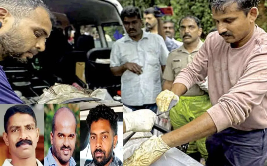 ഹേമചന്ദ്രന്റെ മൃതദേഹം ആംബുലന്സിലേക്ക് കയറ്റുന്നു. ഇന്സെറ്റില് ഇടത്തുനിന്ന് കൊല്ലപ്പെട്ട ഹേമചന്ദ്രന്, അറസ്റ്റിലായ ജ്യോതിഷ്കുമാര്, അജേഷ്