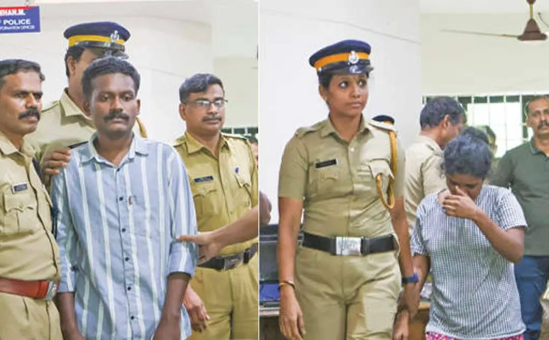 പ്രതികളായ ഭവിനും അനീഷയും പുതുക്കാട് പോലീസ് സ്റ്റേഷനില് | ഫോട്ടോ: മാതൃഭൂമി