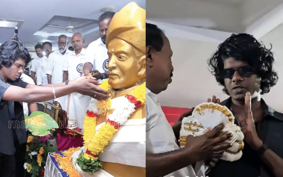 വേടൻ അയ്യങ്കാളിയുടെ പ്രതിമയിൽ പുഷ്പാർച്ചന നടത്തുന്നു, തലപ്പാവ് അണിയിക്കാനുള്ള ശ്രമം വേടന് നിരസിക്കുന്നു | Photo: Mathrubhumi, Screen grab/ IndianCinemaGallery