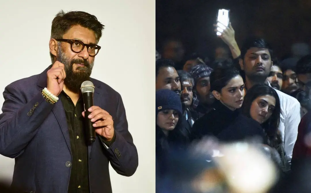 സംവിധായകൻ വിവേക് അഗ്നിഹോത്രി, ദീപികാ പദുക്കോൺ ജെഎൻയുവിലെ വിദ്യാർത്ഥികൾക്കൊപ്പം | ഫോട്ടോ: PTI