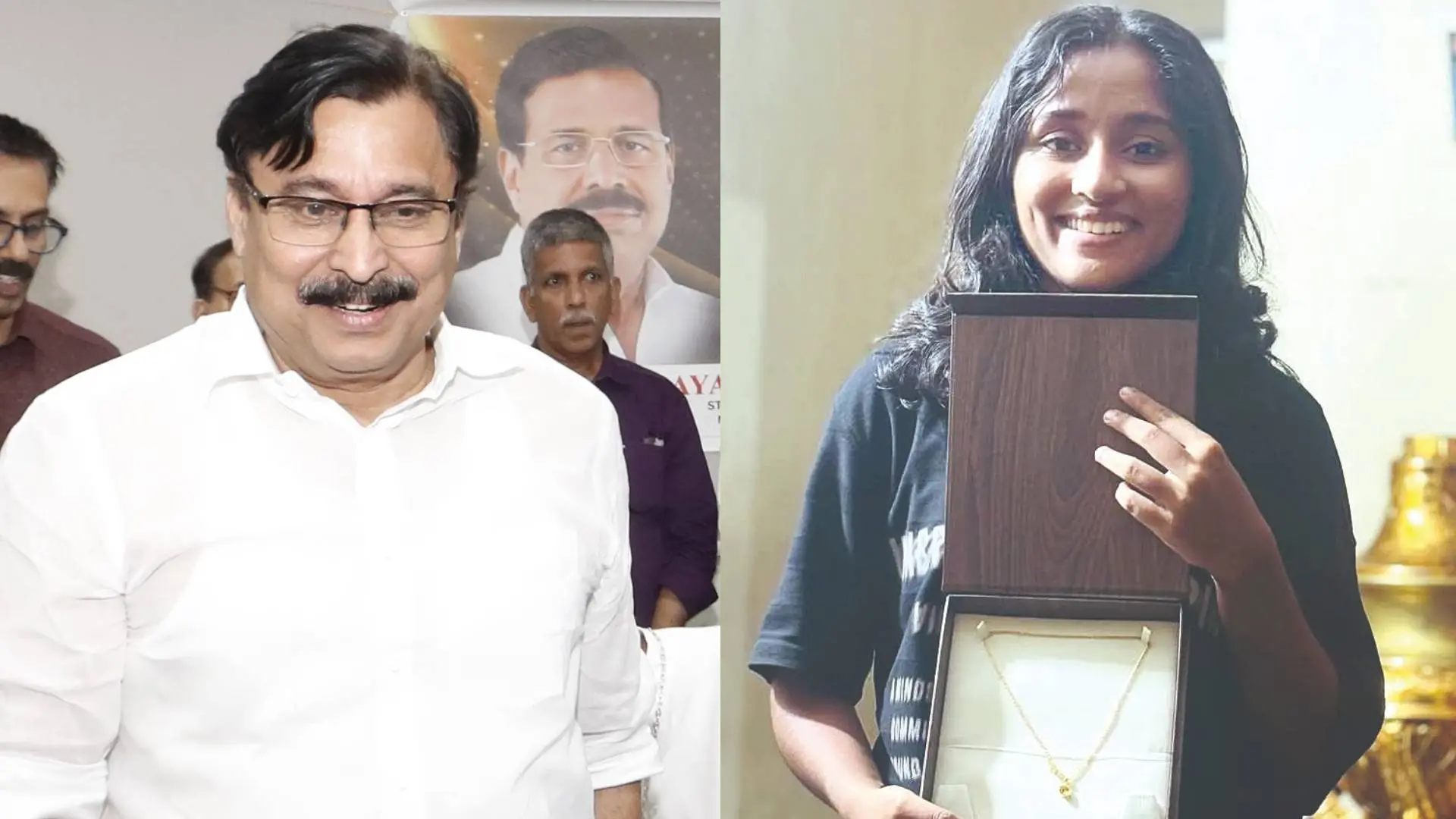 മന്ത്രി വി.അബ്ദുറഹിമാൻ, മന്ത്രി വാങ്ങിനൽകിയ മാലയുമായി ലക്ഷ്മി