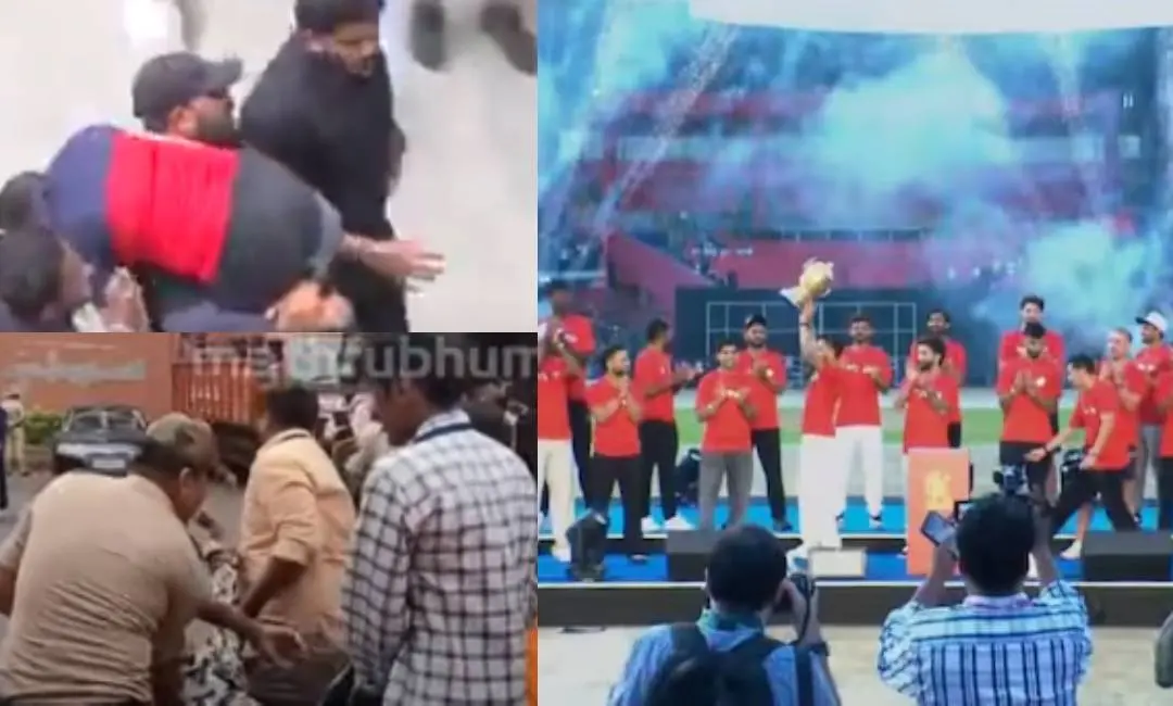 പരിക്കേറ്റവരെ ആശുപത്രിയിലേക്ക് കൊണ്ടുപോകുന്നു, ചിന്നസ്വാമി സ്റ്റേഡിയത്തിലെ വിജയാഘോഷ ചടങ്ങ്