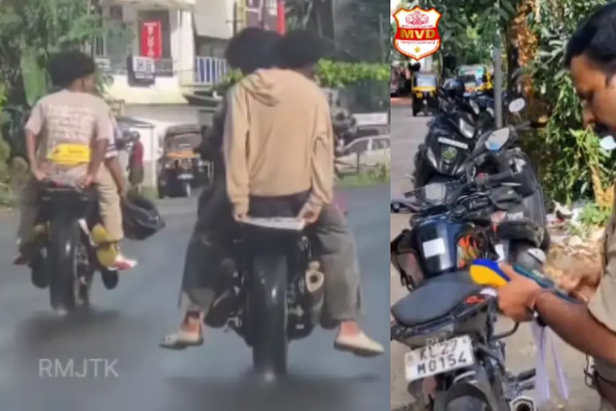 കുട്ടികളുടെ കളിപ്പാട്ടമല്ലിത്... നമ്പർപ്ലേറ്റ് മറച്ചു,ഹെൽമെറ്റില്ല, ബൈക്കിൽ 3പേർ; തൂക്കിയെടുത്ത് MVD