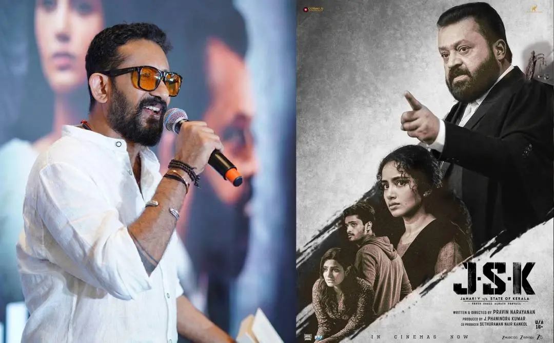 സംവിധായകൻ പ്രവീൺ നാരായണൻ, ജെഎസ്കെ എന്ന ചിത്രത്തിന്റെ പോസ്റ്റർ | ഫോട്ടോ: Facebook