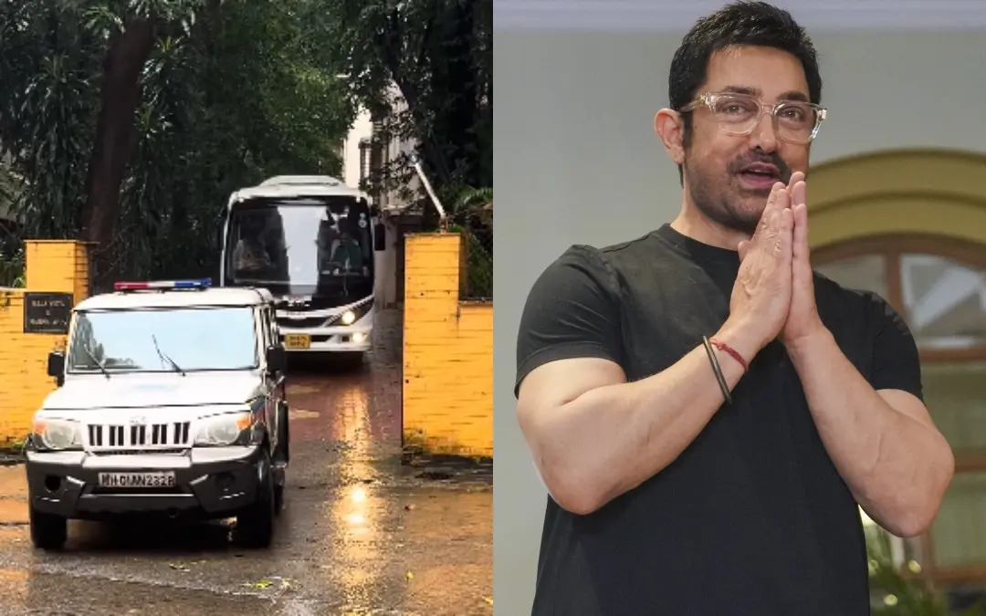 പോലീസ് സംഘം ആമിര്‍ ഖാന്റെ വസതിയില്‍നിന്ന് മടങ്ങുന്നതിന്റെ ദൃശ്യം, ആമിര്‍ ഖാന്‍ | Photo: Screen grab/ YouTube: Varinder Chawla, PTI