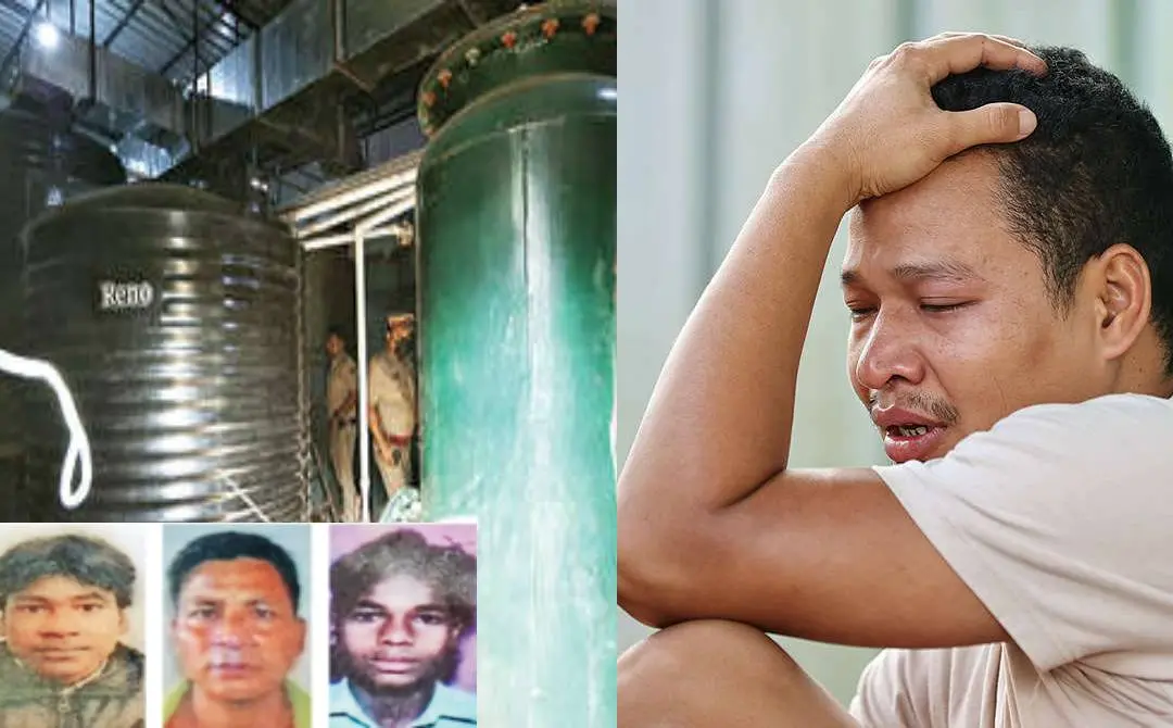 അരീക്കോട് കളപ്പാറയില് മൂന്നുപേരുടെ മരണത്തിനിടയാക്കിയ കോഴിമാലിന്യ സംസ്കരണപ്ലാന്റിനകത്തെ സംഭരണി(കറുപ്പുനിറത്തിലുള്ളത്, ഇടത്ത്)
മരിച്ച ഹിതേഷിന്റെ സഹോദരന് ബിറ്റപന് ദുഃഖം സഹിക്കാനാകാതെ വിതുമ്പുന്നു(വലത്ത്) ഇന്സെറ്റില് മരിച്ച വികാസ്കുമാര്, ഹിതേഷ് സരണിയ, സമദ് അലി