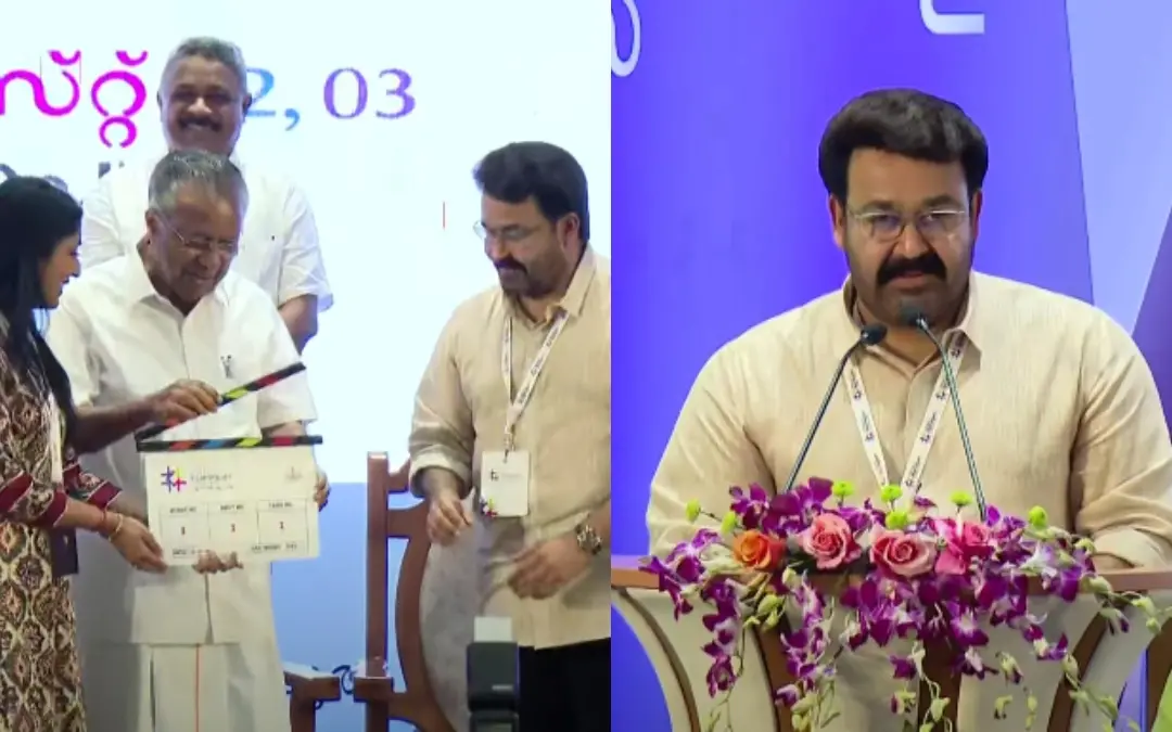 കോണ്ക്ലേവ് മുഖ്യമന്ത്രി ക്ലാപ്പടിച്ച് ഉദ്ഘാടനംചെയ്യുന്നു, ചടങ്ങില് മോഹന്ലാല് സംസാരിക്കുന്നു | Photo: Screen grab/ YouTube: prdlivekerala