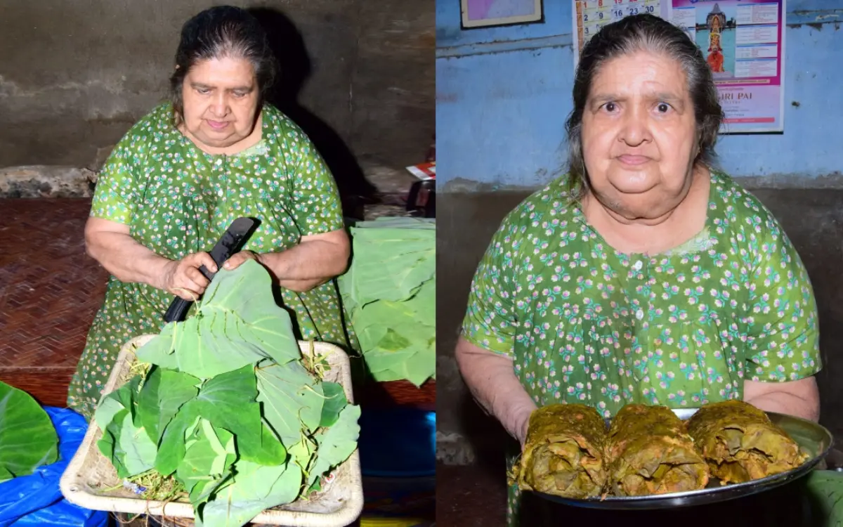 മട്ടാഞ്ചേരി കൊങ്കണി സ്ട്രീറ്റില് അംബീസ് ഹോട്ടല് ഉടമ രാധാമണി ചേമ്പില അപ്പം തയ്യാറാക്കുന്നതിനായി ചേമ്പില ഒരുക്കുന്നു, രാധാമണി ചേമ്പില അപ്പവുമായി