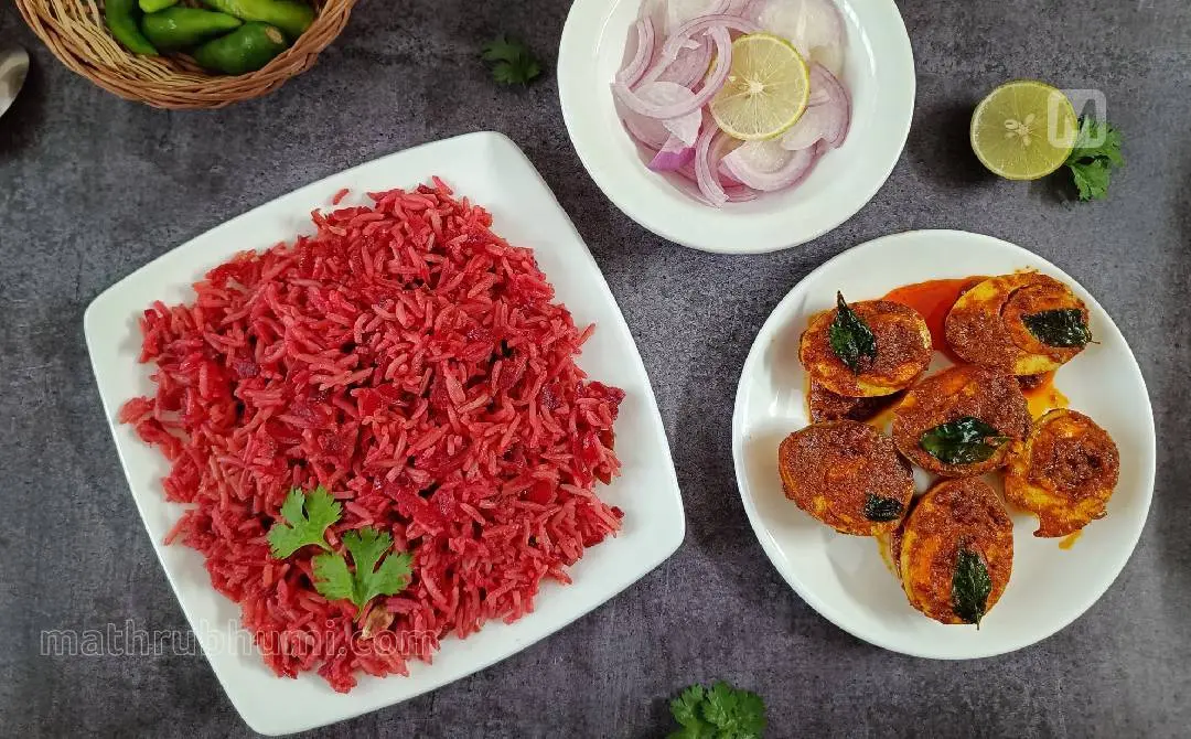 ബീറ്റ്റൂട്ട് റൈസ്, മുട്ട മസാല ഫ്രൈ