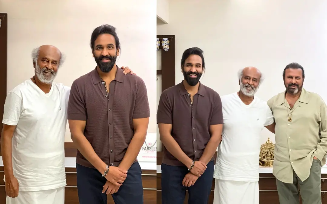വിഷ്ണു മഞ്ചു രജനീകാന്തിനൊപ്പം, രജനീകാന്തും വിഷ്ണു മഞ്ചുവും മോഹന്‍ബാബുവും | Photo: Special Arrangement