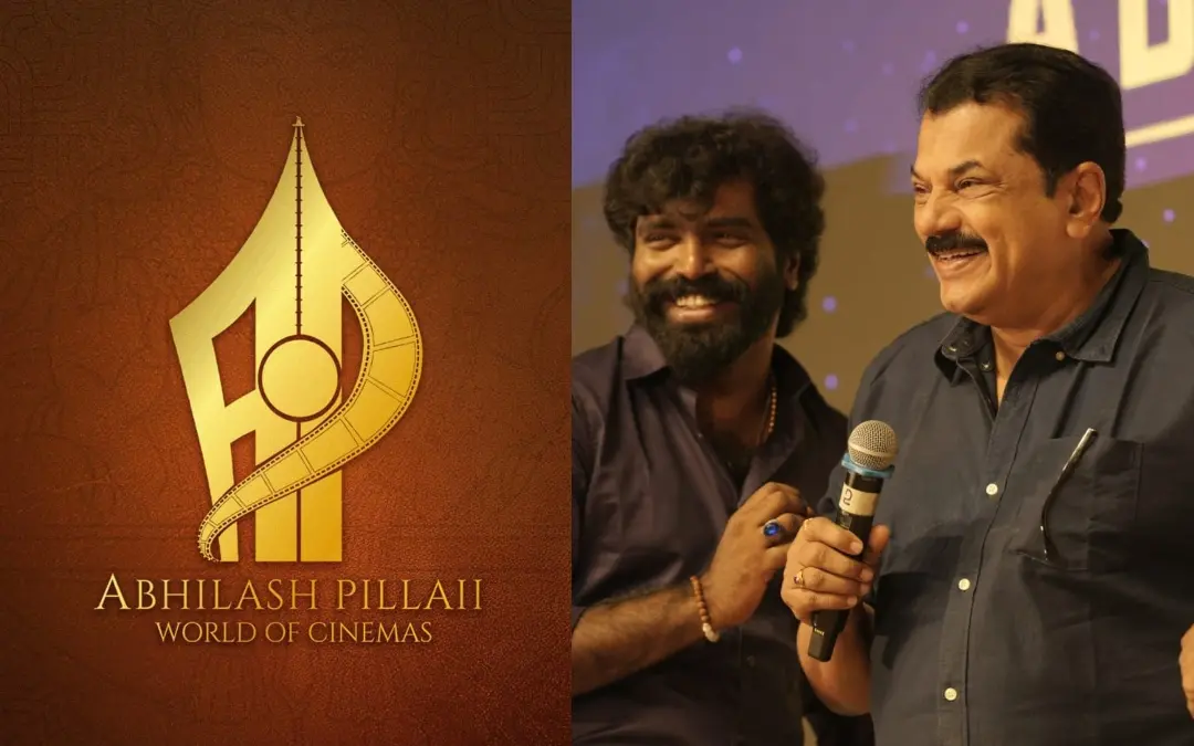 അഭിലാഷ് പിള്ള വേള്ഡ് ഓഫ് സിനിമാസ് ലോഗോ, അഭിലാഷ് പിള്ള മുകേഷിനൊപ്പം | Photo: Special Arrangement