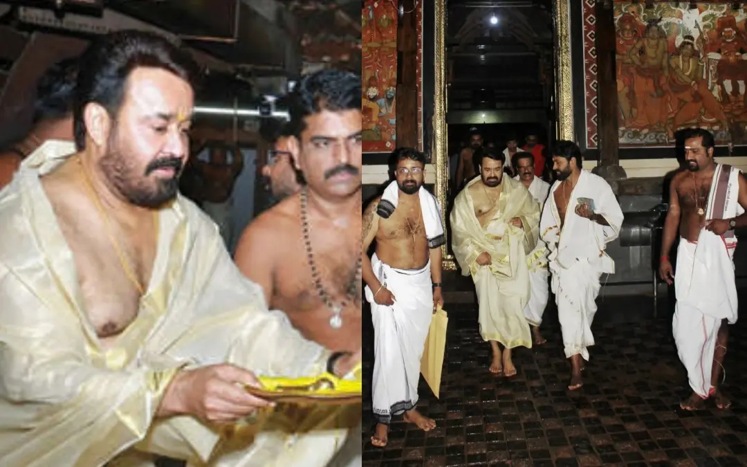 നടൻ മോഹൻലാൽ തൃപ്രയാർ ക്ഷേത്രത്തിൽ അമ്പും വില്ലും സമർപ്പിക്കുന്നു, ക്ഷേത്രദര്‍ശനത്തിന് എത്തിയപ്പോള്‍ | Photo: Mathrubhumi, Facebook/ Navab Nattika
