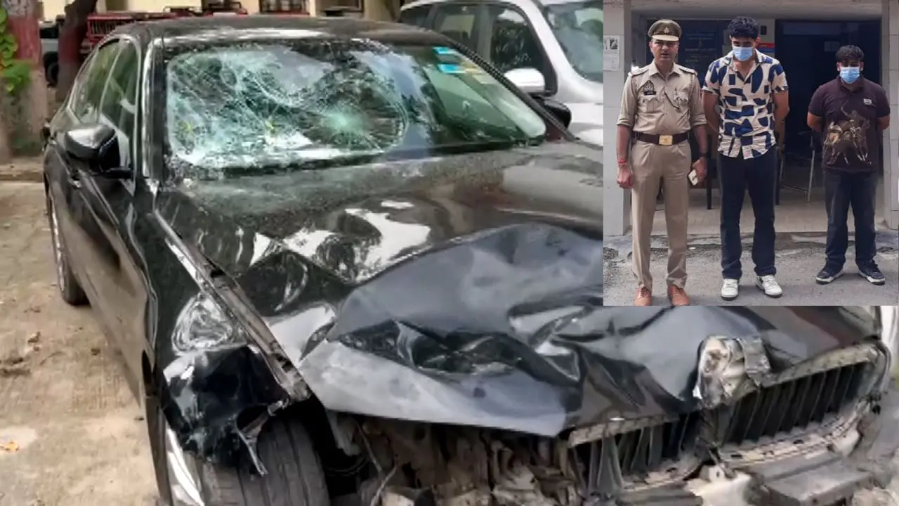 അപകടത്തിന് ഇടയാക്കിയ ബിഎംഡബ്യു കാർ. ഇൻസൈറ്റിൽ അറസ്റ്റിലായ യഷ് ശര്‍മ്മയും അഭിഷേക് റാവത്തും | Photo: PTI