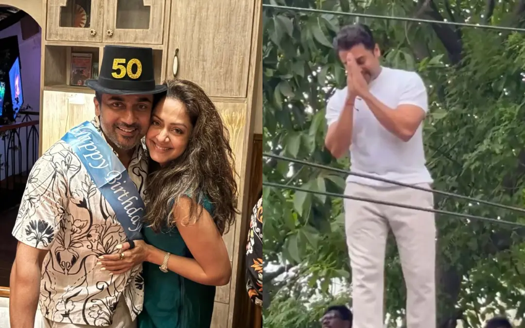 സൂര്യയും ജ്യോതികയും, വീടിന് പുറത്ത് തടിച്ചുകൂടിയ ആരാധകരെ സൂര്യ അഭിവാദ്യംചെയ്യുന്നു | Photo: Instagram/ R. Madhavan, X/ Naveen