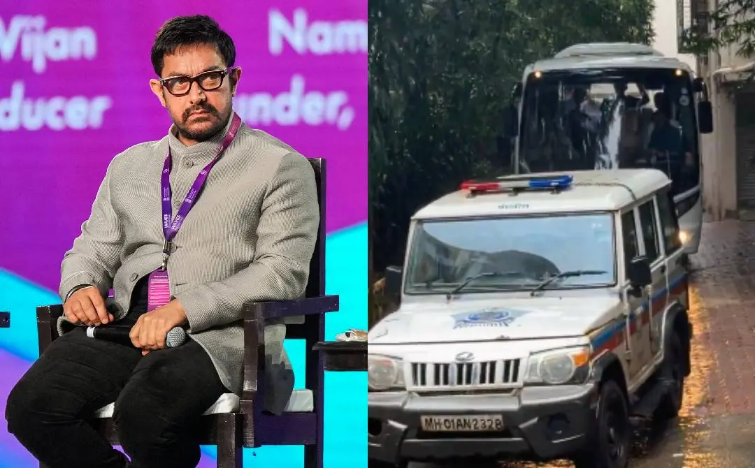 ആമിർ ഖാൻ, ആമിറിൻ്റെ വസതിയിൽ നിന്ന് മടങ്ങുന്ന പോലീസ് വാഹനങ്ങൾ| ഫോട്ടോ: PTI, X/ @amitbhatia1509