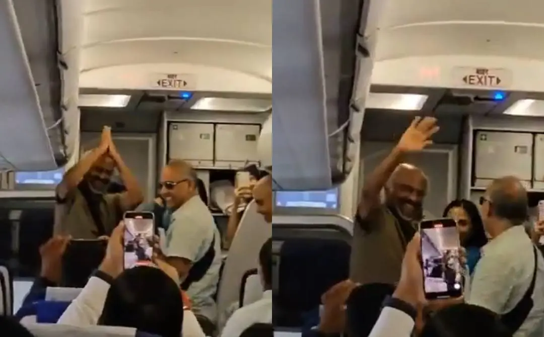 രജനീകാന്ത് വിമാനത്തിൽ ആരാധകരെ അഭിവാദ്യം ചെയ്യുന്നു | സ്ക്രീൻഗ്രാബ്