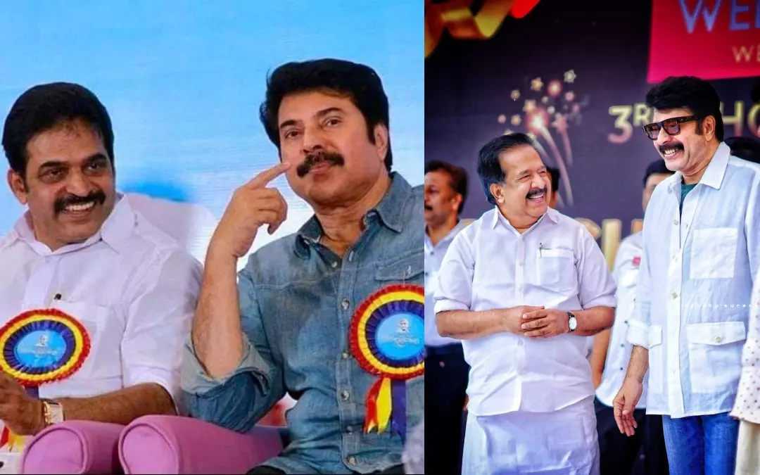 കെ.സി. വേണുഗോപാല് മമ്മൂട്ടിക്കൊപ്പം, രമേശ് ചെന്നിത്തല മമ്മൂട്ടിക്കൊപ്പം | Photo: Facebook/ KC Venugopal, Ramesh Chennithala