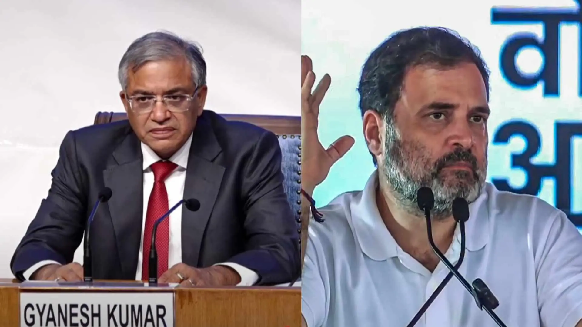 തിരഞ്ഞെടുപ്പ് കമ്മിഷണർ ഗ്യാനേഷ് കുമാർ, പ്രതിപക്ഷ നേതാവ് രാഹുൽ ഗാന്ധി | Photo: PTI