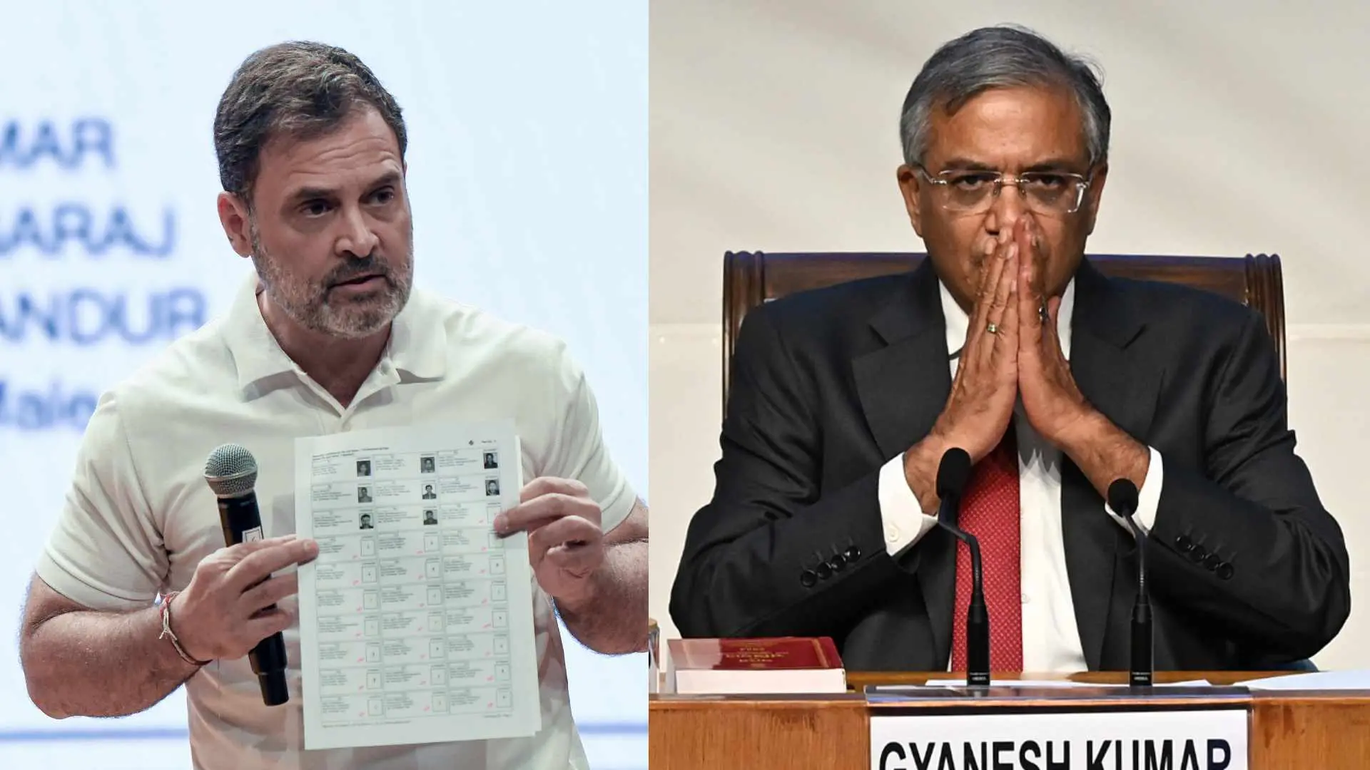 പ്രതിപക്ഷ നേതാവ് രാഹുൽ ഗാന്ധി, തിരഞ്ഞെടുപ്പ് കമ്മിഷണർ ഗ്യാനേഷ് കുമാർ | Photo: ANI