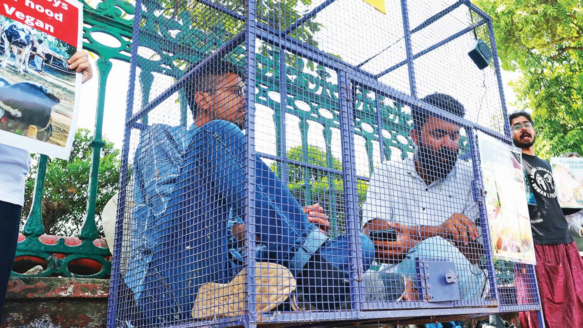 • മൃഗസ്നേഹികളായ ജീവൻ ജയകൃഷ്ണനും അഭിഷേകും സെക്രട്ടേറിയറ്റിനു മുന്നിൽ അടച്ചിട്ട കൂട്ടിൽക്കിടന്ന് നാലുദിവസത്തെ നിരാഹാര സമരം ആരംഭിച്ചപ്പോൾ
