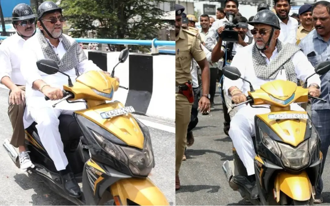 കർണാടക ഉപമുഖ്യമന്ത്രി ഡി.കെ. ശിവകുമാറും മന്ത്രി ബൈരതി സുരേഷും ബെംഗളൂരുവിൽ ഇരുചക്ര വാഹനത്തിൽ | x.com/guaranteenews