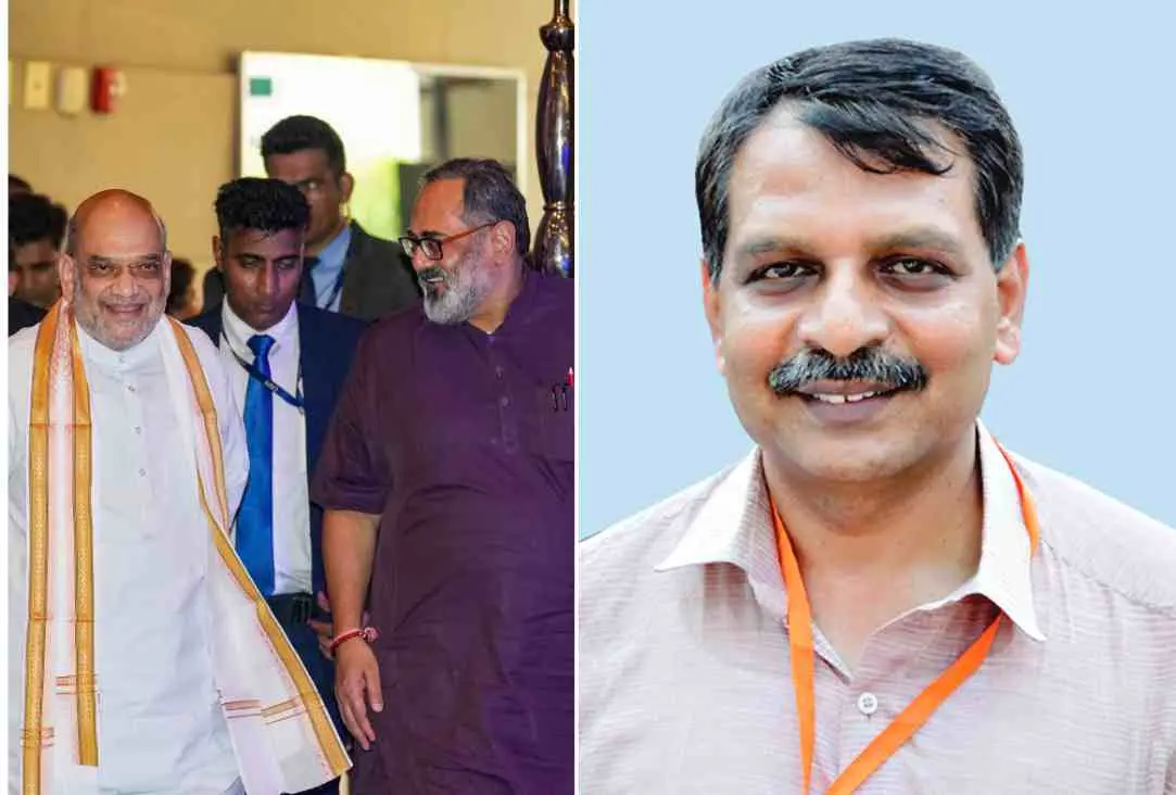 അമിത് ഷാ, രാജീവ് ചന്ദ്രശേഖര്, ആര്.വി.ബാബു |ഫോട്ടോ:PTI,മാതൃഭൂമി