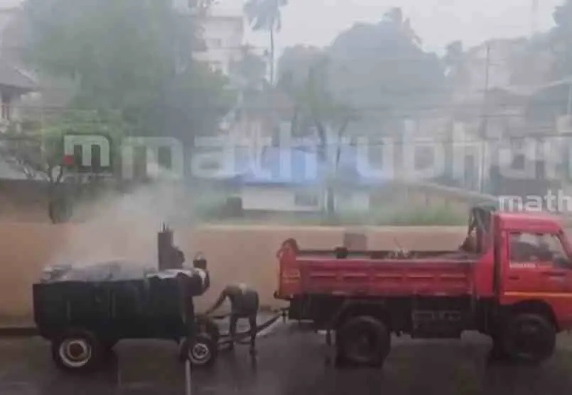 കനത്ത മഴയ്ക്ക് ഇടയില് തൃശ്ശൂരില് നടന്ന റോഡ് ടാറിങ്