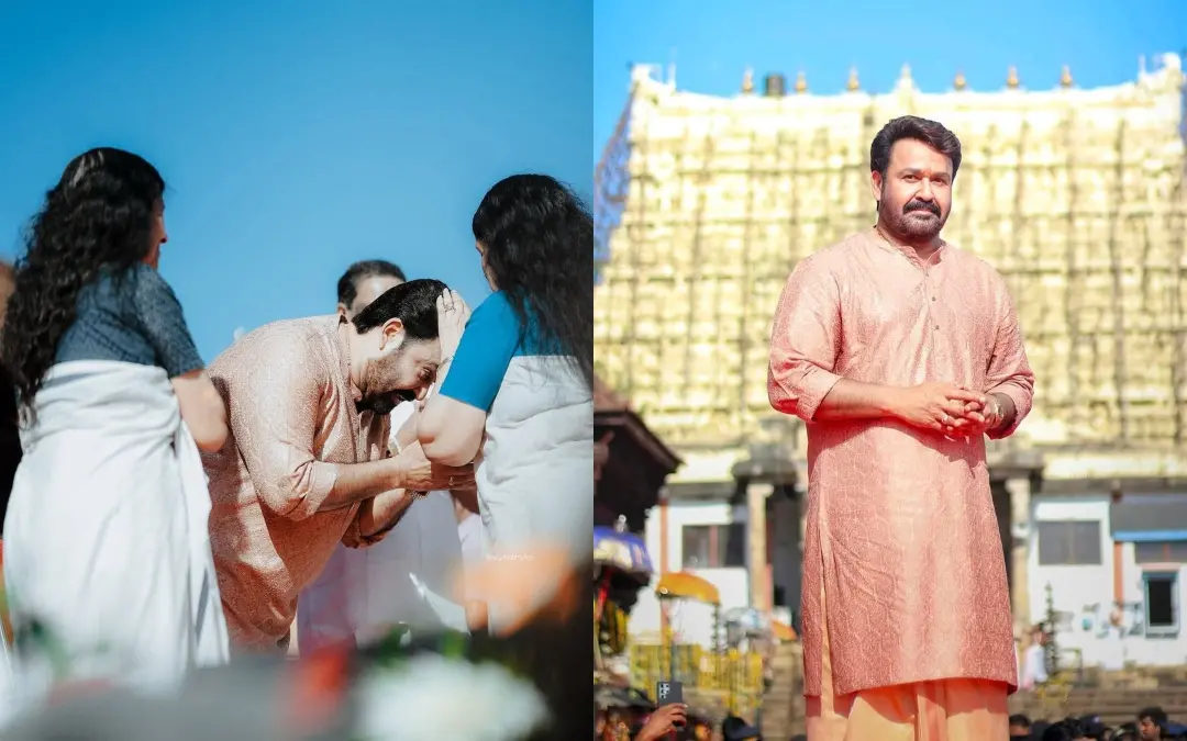 മോഹന്ലാല് മുറജര ലക്ഷംദീപ വിളംബരച്ചടങ്ങില്, മോഹന്ലാല് പദ്മനാഭസ്വാമി ക്ഷേത്രത്തിന് മുന്നില് | Photo: X/ AKMFCWA Official
