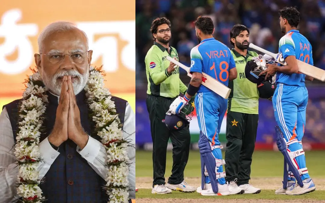 പ്രധാനമന്ത്രി നരേന്ദ്ര മോദി,  ഇന്ത്യ പാകിസ്താൻ മത്സരത്തിനിടെ | ഫോട്ടോ - എഎഫ്പി, പിടിഐ