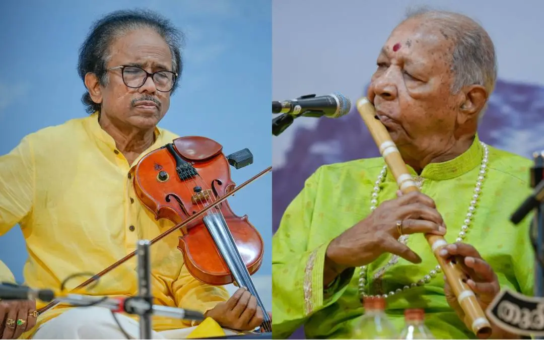 തുരീയം സംഗീത വേദിയിൽ എൽ. സുബ്രഹ്മണ്യം വയലിൻ കച്ചേരി അവതരിപ്പിക്കുന്നു (ഇടത്) പണ്ഡിറ്റ് ഹരിപ്രസാദ് ചൗരസ്യ തുരീയം സംഗീതോൽസവത്തിന്റെ നൂറാം ദിനത്തിൽ പുല്ലാങ്കുഴൽ കച്ചേരി അവതരിപ്പിക്കുന്നു (വലത്ത്)