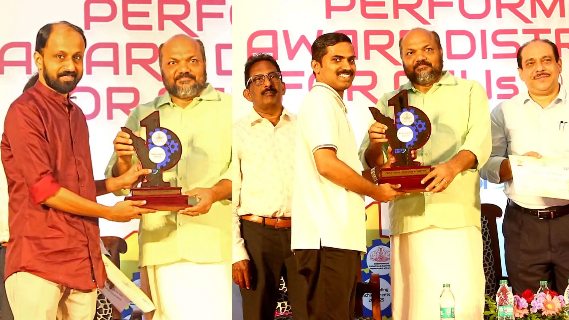 മന്ത്രി പി. രാജീവിൽനിന്ന് ആർ. റോഷനും രാഖേഷ് കൃഷ്ണനും പുരസ്കാരം സ്വീകരിക്കുന്നു