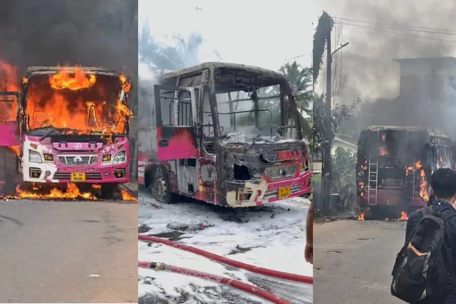 കൊണ്ടോട്ടിയിൽ ഓടിക്കൊണ്ടിരിക്കേ 'സന' ബസിന് തീപ്പിടിച്ച് കത്തിയമർന്നു, ഒഴിവായത് വൻദുരന്തം | VIDEO