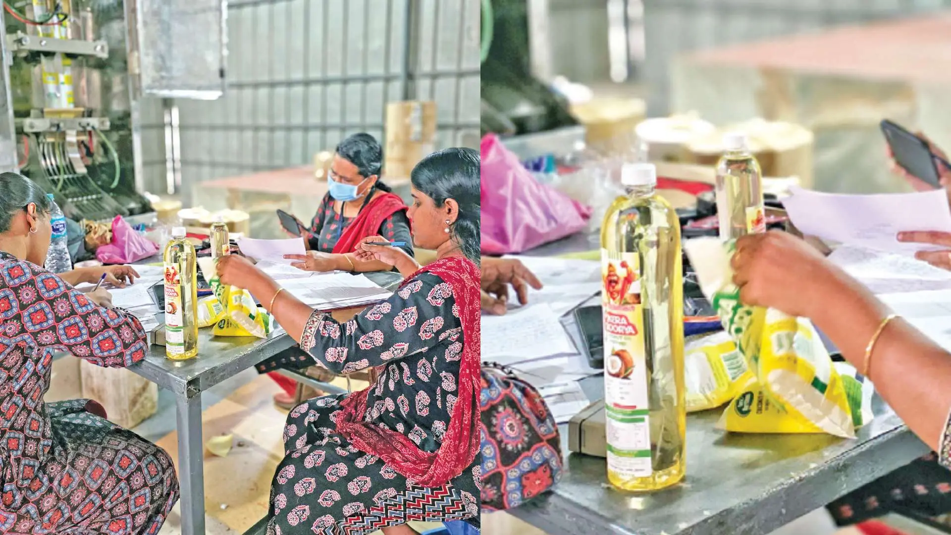 വെളിച്ചെണ്ണ നിറയ്ക്കുന്ന കേന്ദ്രത്തിൽ ഭക്ഷ്യസുരക്ഷാവകുപ്പ് ഉദ്യോഗസ്ഥർ പരിശോധന നടത്തുന്നു